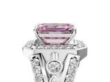 Silver Fancy Pink Emerald Cut Diamond Halo Ring with Split Shank and Bezel Accents and Four-Prong Setting_11