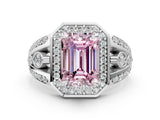 Silver Fancy Pink Emerald Cut Diamond Halo Ring with Split Shank and Bezel Accents and Four-Prong Setting_6