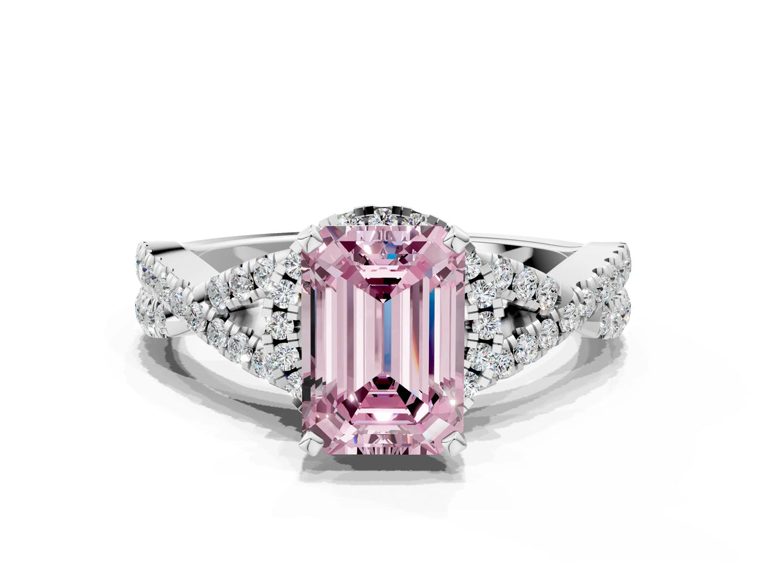 Silver Fancy Pink Emerald Cut Diamond  Halo Twist Band Solitaire Prong Setting Ring_12
