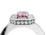 Silver Fancy Pink Emerald Cut Diamond Milgrain Halo Engagement Ring with Round Pavé Band and Prong Setting_16