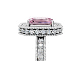 Silver Fancy Pink Emerald Cut Diamond Milgrain Halo Engagement Ring with Round Pavé Band and Prong Setting_17