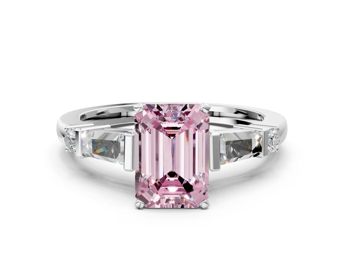 Silver Fancy Pink Emerald  Cut Diamond Ring with Baguette Side Stones, Channel Set Band, and Four-Prong Setting_12