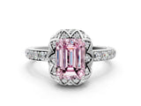 Silver Fancy Pink Emerald Cut Diamond Scalloped Halo Engagement Ring with Round Shared Prong Band