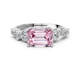 Silver Fancy Pink Emerald Cut Diamond Scattered Round Accent Ring with Prong Setting