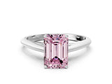 Silver Fancy Pink Emerald Cut Diamond Solitaire Engagement Ring with Cathedral Setting and Four-Prong Mount