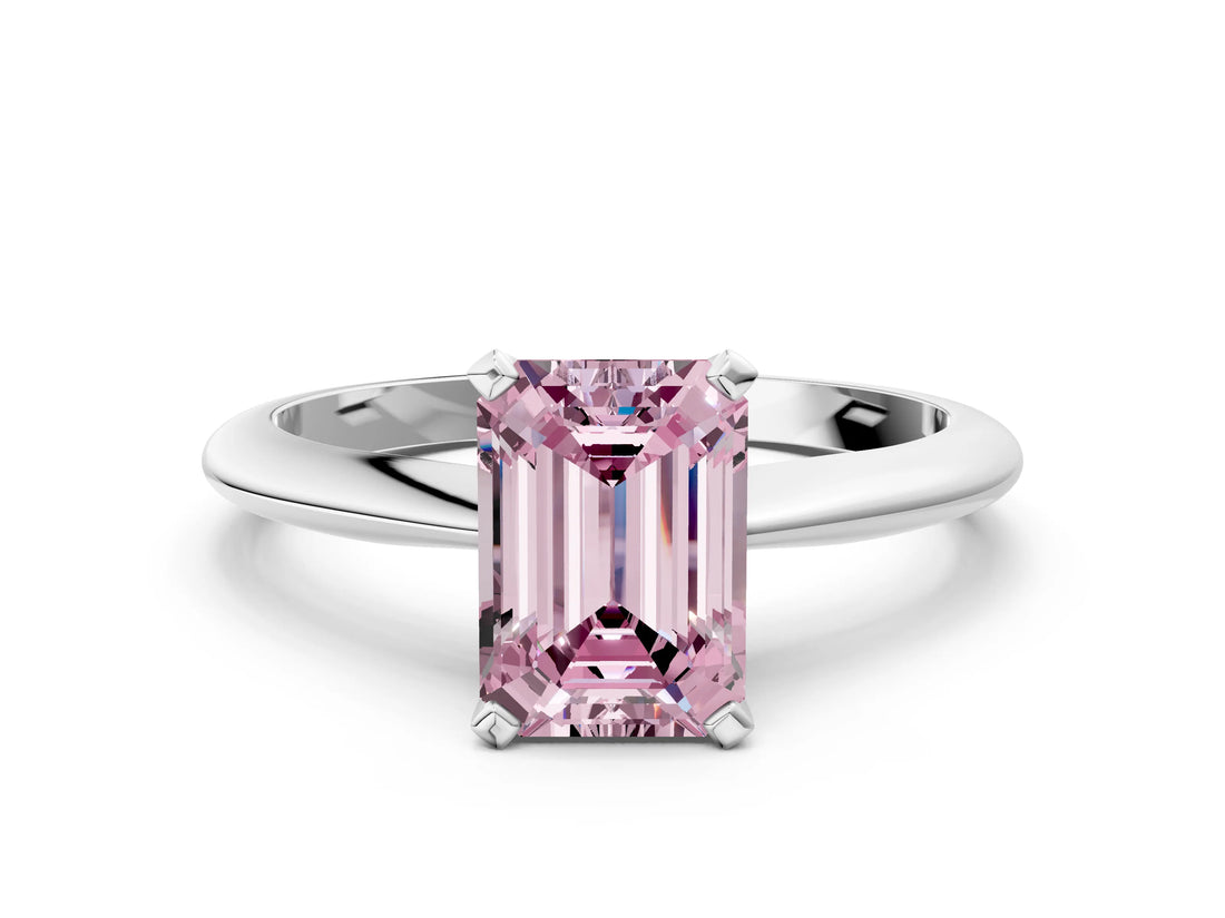 Silver Fancy Pink Emerald Cut Diamond Solitaire Engagement Ring with Classic Band and Four-Prong Setting_12
