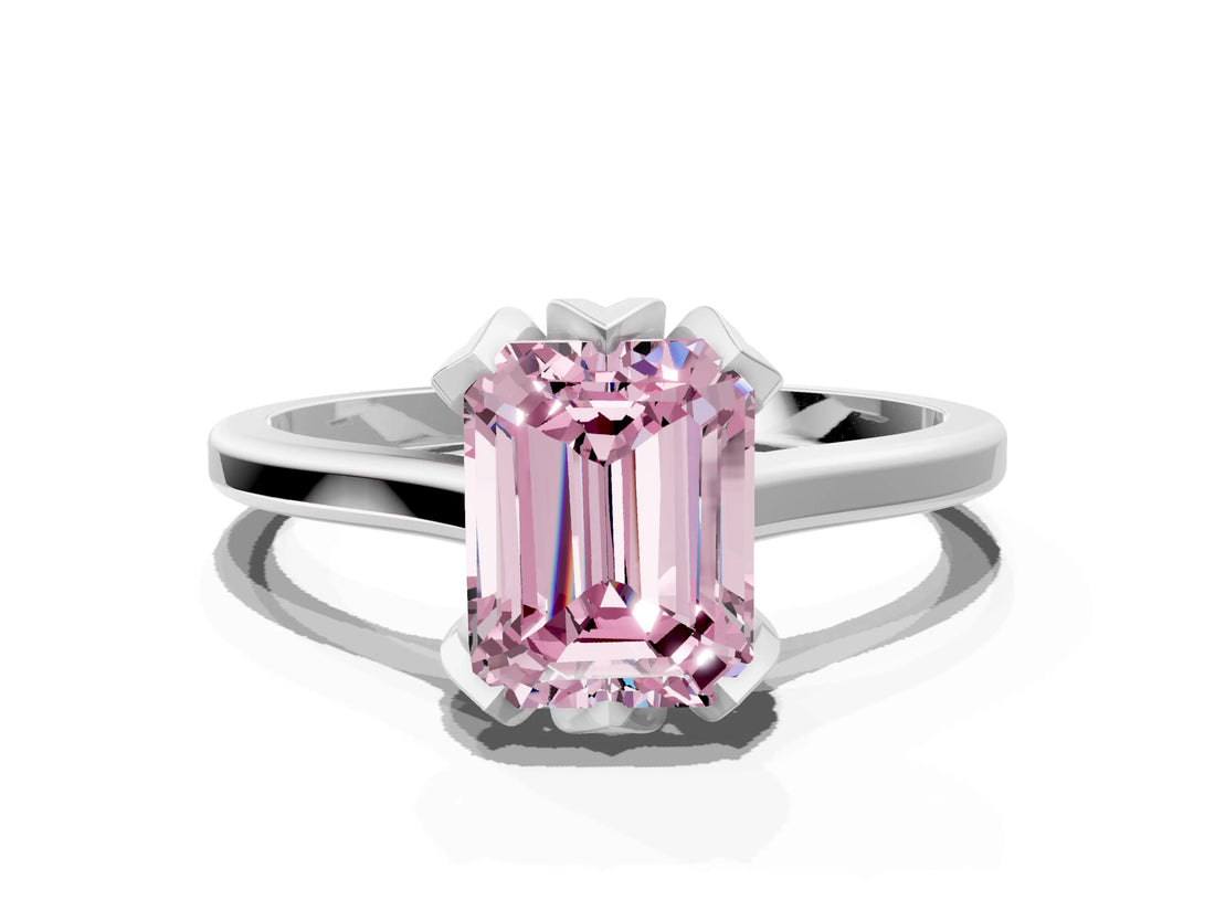 Silver Fancy Pink Emerald Cut Diamond Solitaire Ring with Flower Prong Setting and Classic Band