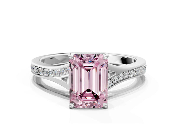 Sterling Silver Emerald Cut Pave Solitaire Engagement Ring Setting for Fancy Pink Center with Sweeping Shoulders