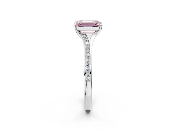 Sterling Silver Emerald Cut Pave Solitaire Engagement Ring Setting for Fancy Pink Center with Sweeping Shoulders
