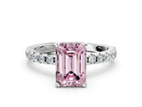 Silver Fancy Pink Emerald Cut Diamond Solitaire Ring with Round  Pavé Band and Four-Prong Setting_36