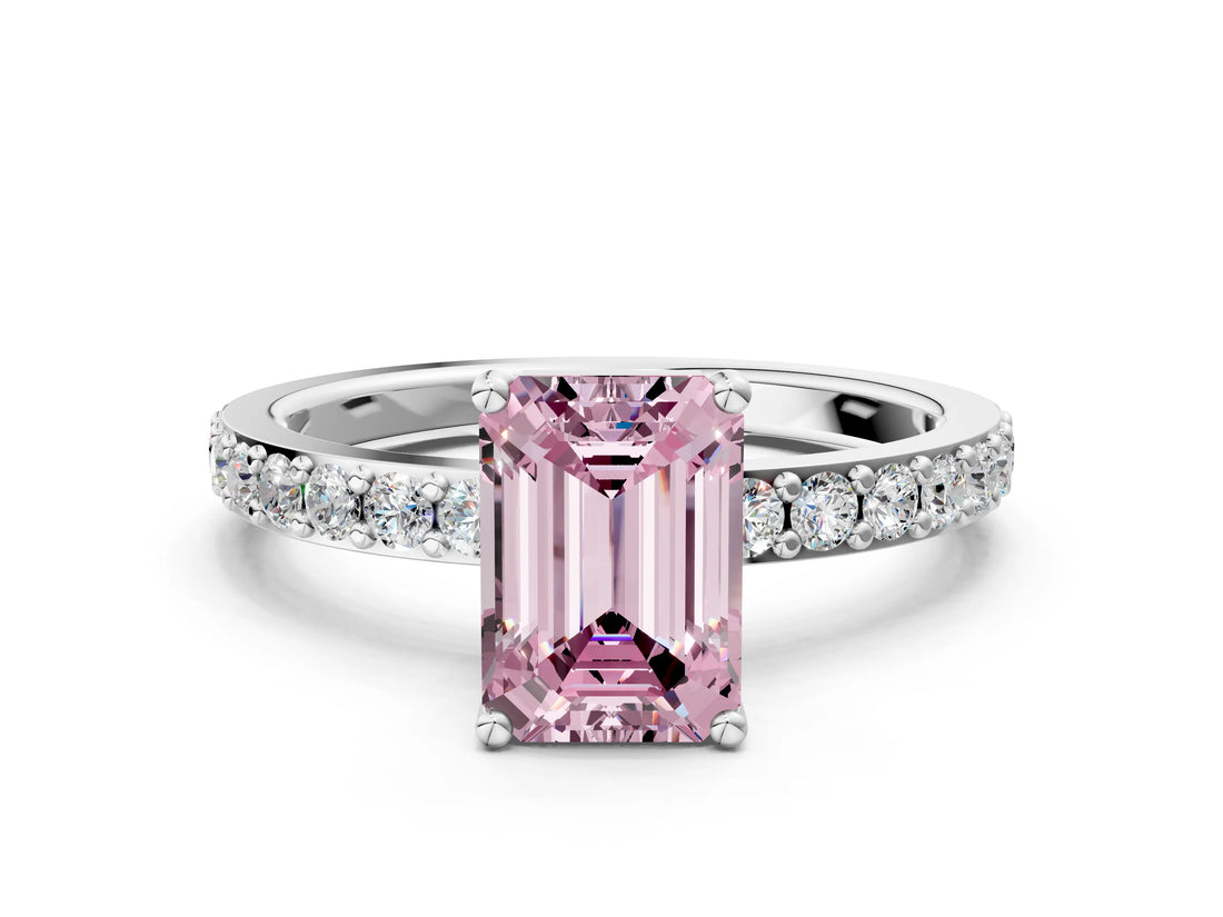 Silver Fancy Pink Emerald  Cut Diamond Solitaire with Pave Band and Four-Prong Setting