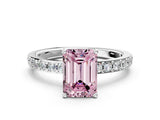 Silver Fancy Pink Emerald  Cut Diamond Solitaire with Pave Band and Four-Prong Setting