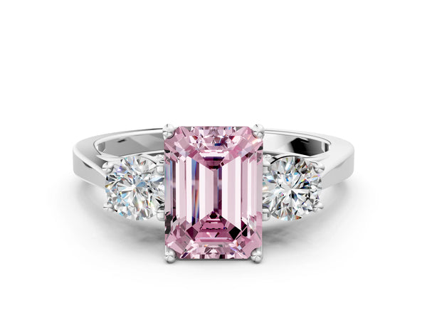 Silver Fancy Pink Emerald Cut Diamond Three-Stone Engagement Ring with Prong Setting and Pavé Band