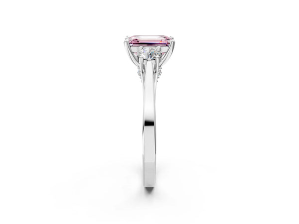 Silver Fancy Pink Emerald Cut Diamond Three-Stone Engagement Ring with Prong Setting and Pavé Band