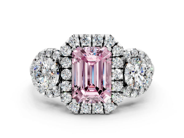 Sterling Silver Emerald Cut Three Stone Halo Engagement Ring Setting for Fancy Pink Center
