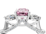 Silver Fancy Pink Emerald Cut Diamond Three-Stone Ring with Prong Setting and Pavé Band_10