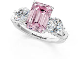 Silver Fancy Pink Emerald Cut Diamond Three-Stone Ring with Prong Setting and Pavé Band_7