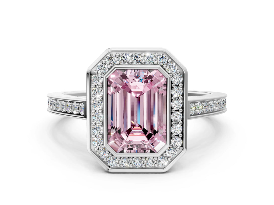 Silver Fancy Pink Emerald Cut Halo Bezel Diamond Pave Band Ring_6