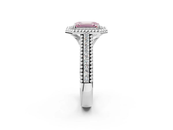 Sterling Silver Emerald Cut Beaded Halo Engagement Ring Setting for Fancy Pink Center with Pave