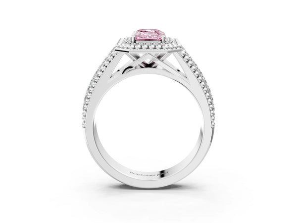 Sterling Silver Emerald Cut Beaded Halo Engagement Ring Setting for Fancy Pink Center with Pave