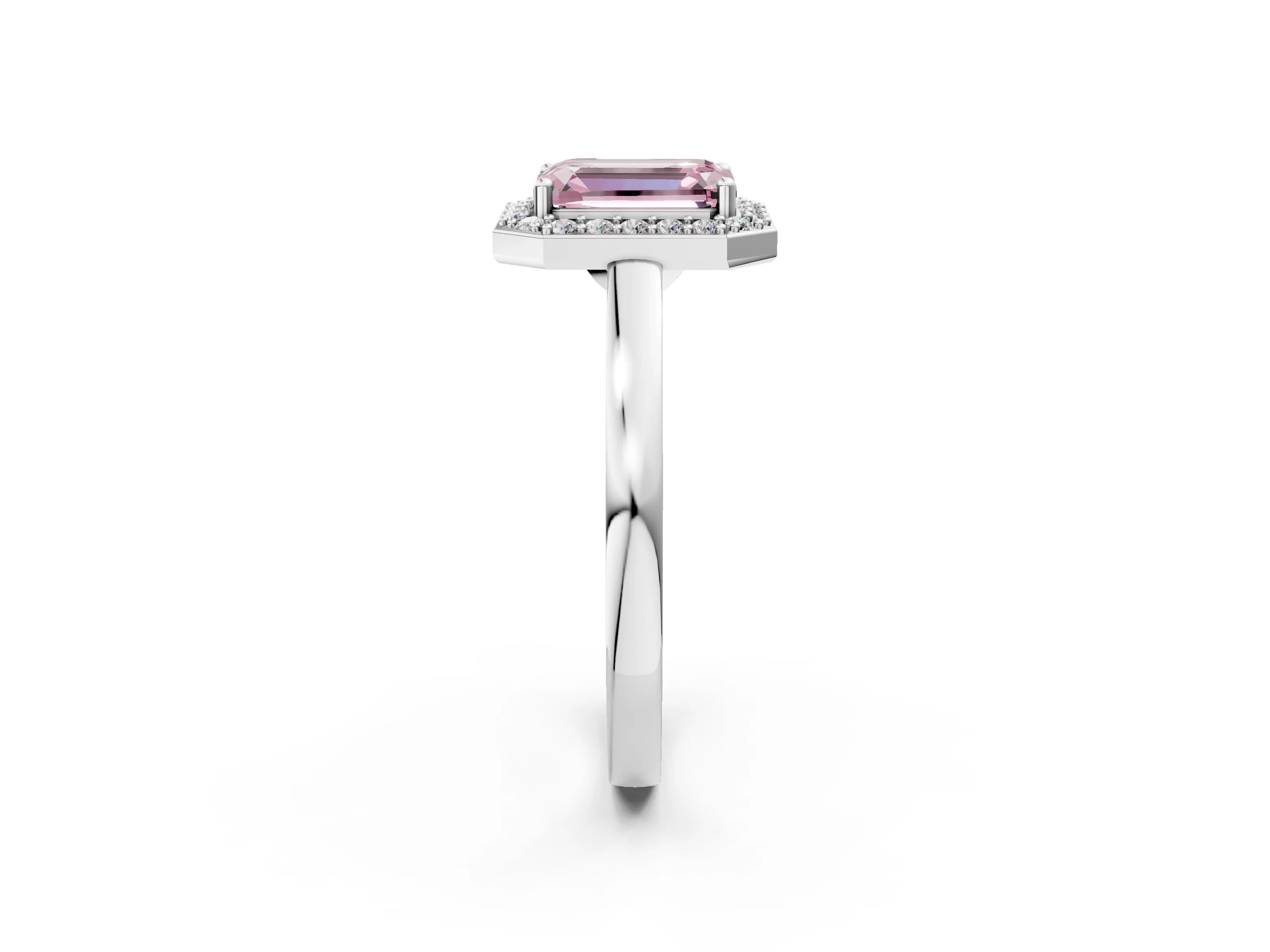 Silver Fancy Pink Emerald Cut Halo Diamond Ring with Solitaire Band and Prong Setting_50