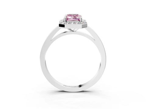 Silver Fancy Pink Emerald Cut Halo Diamond Ring with Solitaire Band and Prong Setting_51