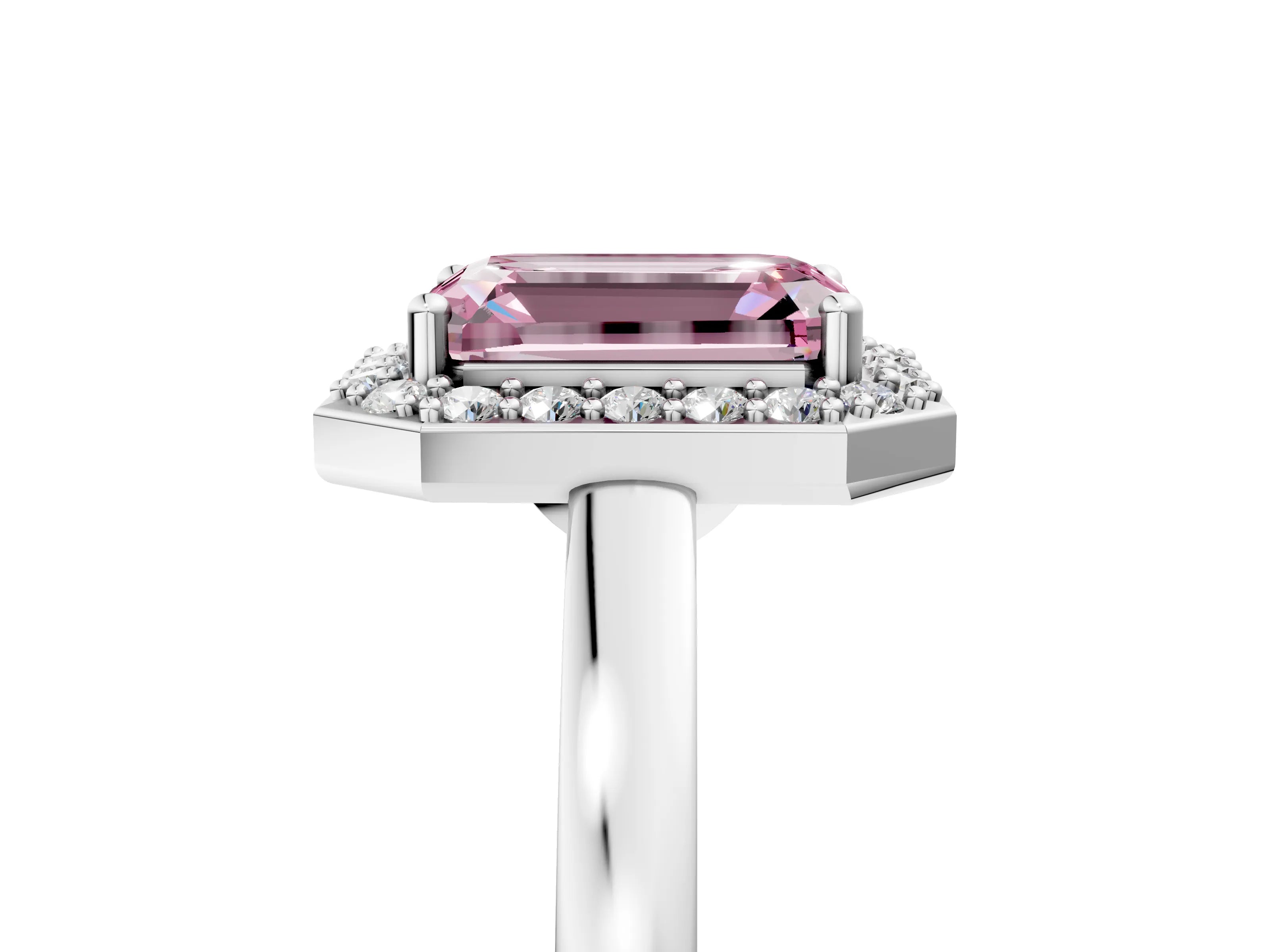 Silver Fancy Pink Emerald Cut Halo Diamond Ring with Solitaire Band and Prong Setting_53