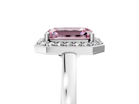 Silver Fancy Pink Emerald Cut Halo Diamond Ring with Solitaire Band and Prong Setting_53
