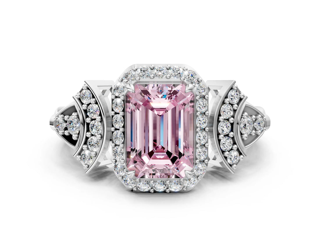 Silver Fancy Pink Emerald Cut Halo Diamond Split Shank Engagement Ring with Four-Prong Setting_6