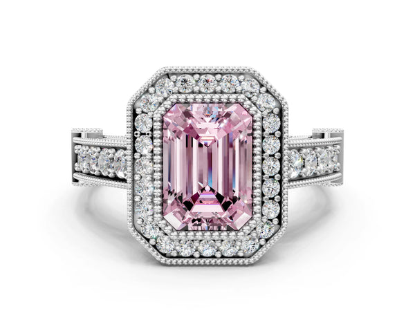 Sterling Silver Emerald Cut Vintage Bezel Halo Engagement Ring Setting for Fancy Pink Center