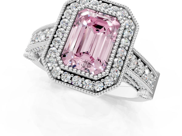 Sterling Silver Emerald Cut Vintage Bezel Halo Engagement Ring Setting for Fancy Pink Center