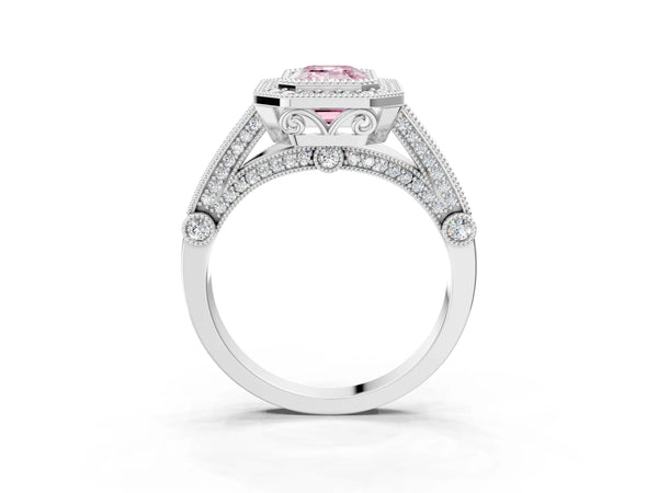 Sterling Silver Emerald Cut Vintage Bezel Halo Engagement Ring Setting for Fancy Pink Center