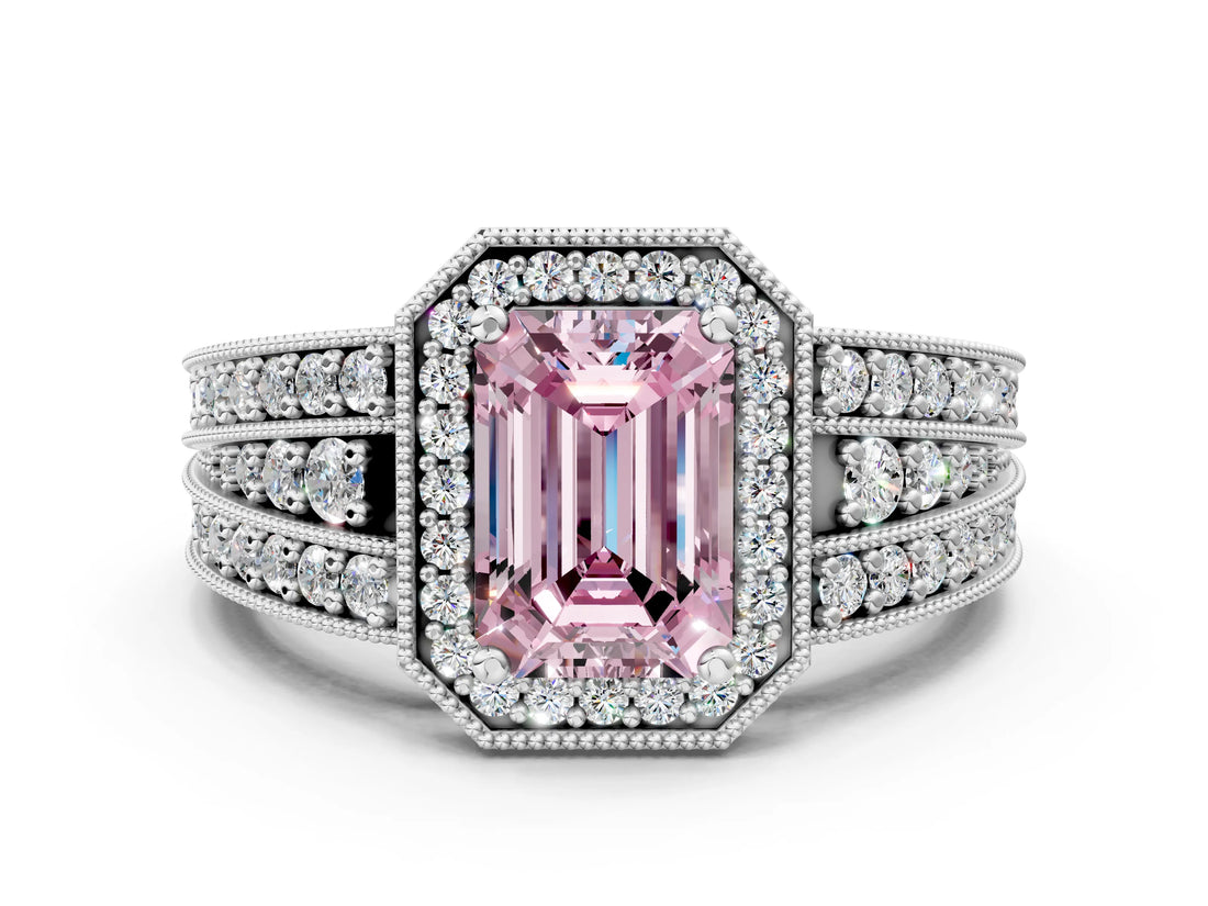 Silver Fancy Pink Emerald Cut Halo Diamond Split Shank Ring with Prong Setting_6