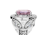 Silver Fancy Pink Emerald Cut Halo Milgrain Diamond Engagement Ring with Leaf Band and Four-Prong Setting_11