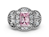 Silver Fancy Pink Emerald Cut Halo Milgrain Diamond Engagement Ring with Leaf Band and Four-Prong Setting_6