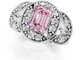 Silver Fancy Pink Emerald Cut Halo Milgrain Diamond Engagement Ring with Leaf Band and Four-Prong Setting_7