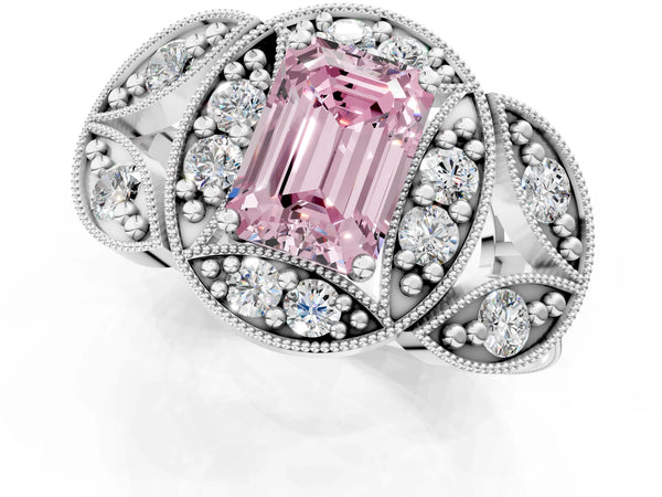 Silver Fancy Pink Emerald Cut Halo Milgrain Diamond Engagement Ring with Leaf Band and Four-Prong Setting