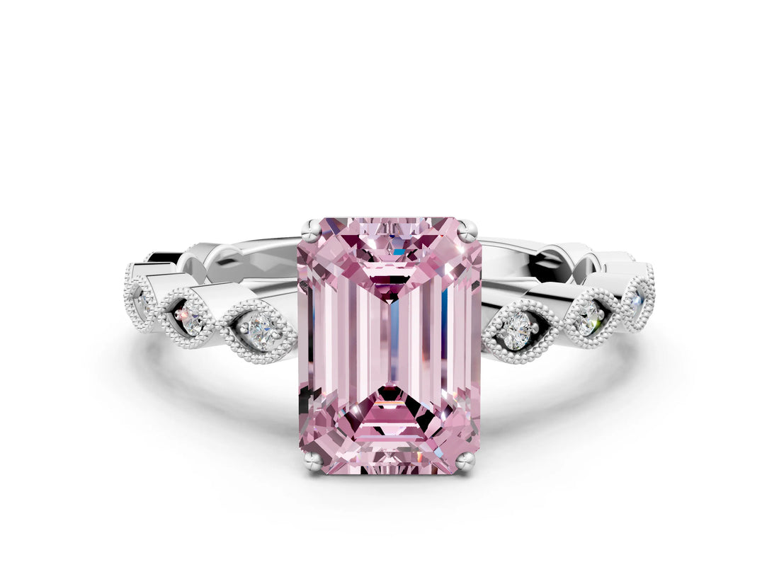 Silver Fancy Pink Emerald Cut Solitaire Diamond Ring with Infinity Twist Band and Four-Prong Setting_6
