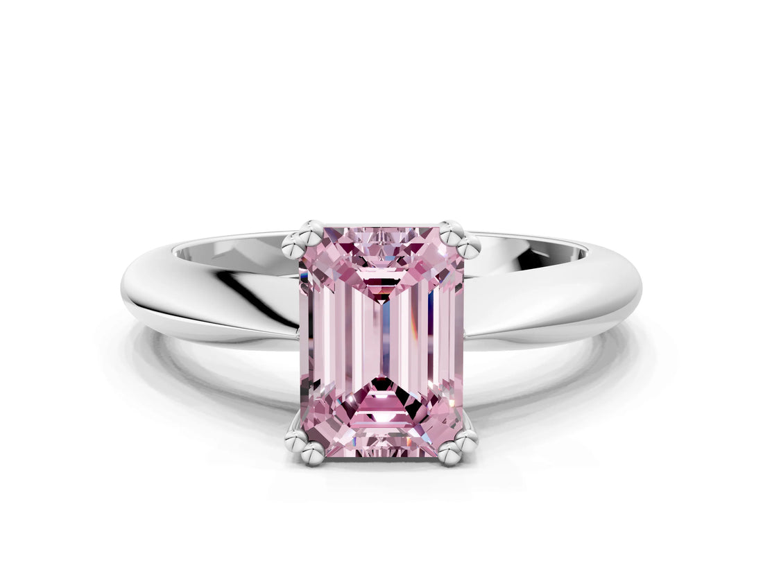 Silver Fancy Pink Emerald  Cut Solitaire Engagement Ring with Tapered Band and Four-Prong Setting