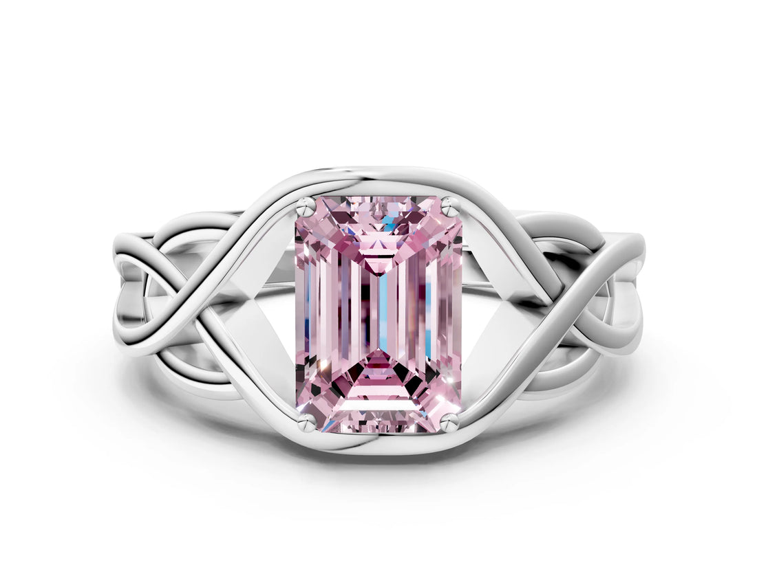 Silver Fancy Pink Emerald Cut Solitaire Intertwined Band Prong Setting Ring_6