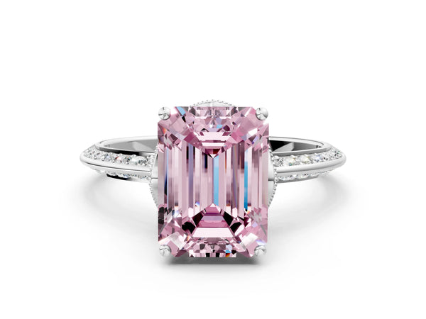 Sterling Silver Emerald Cut Graduated Pave Engagement Ring Setting for Fancy Pink Center
