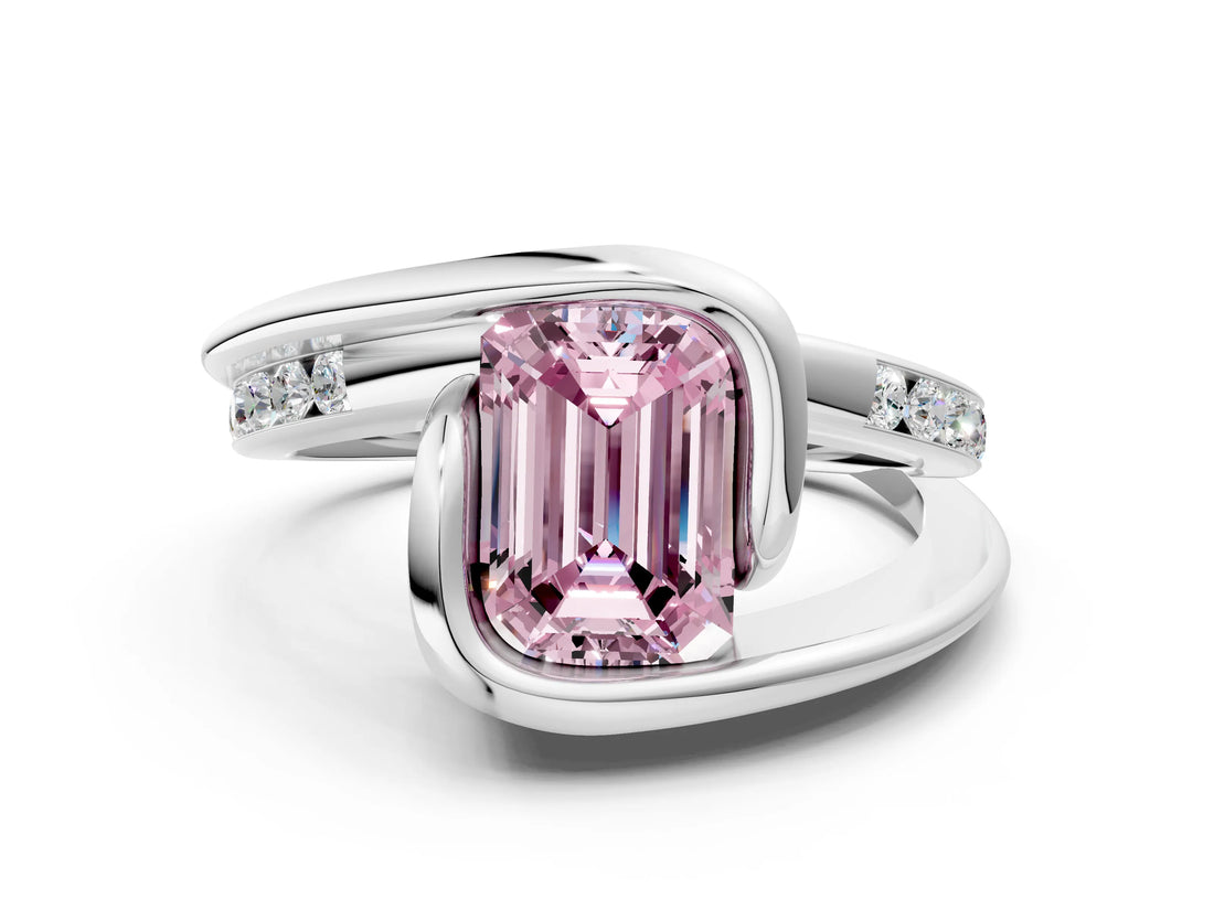 Silver Fancy Pink Emerald Cut Solitaire Tension-Set Diamond Split Shank Ring_6