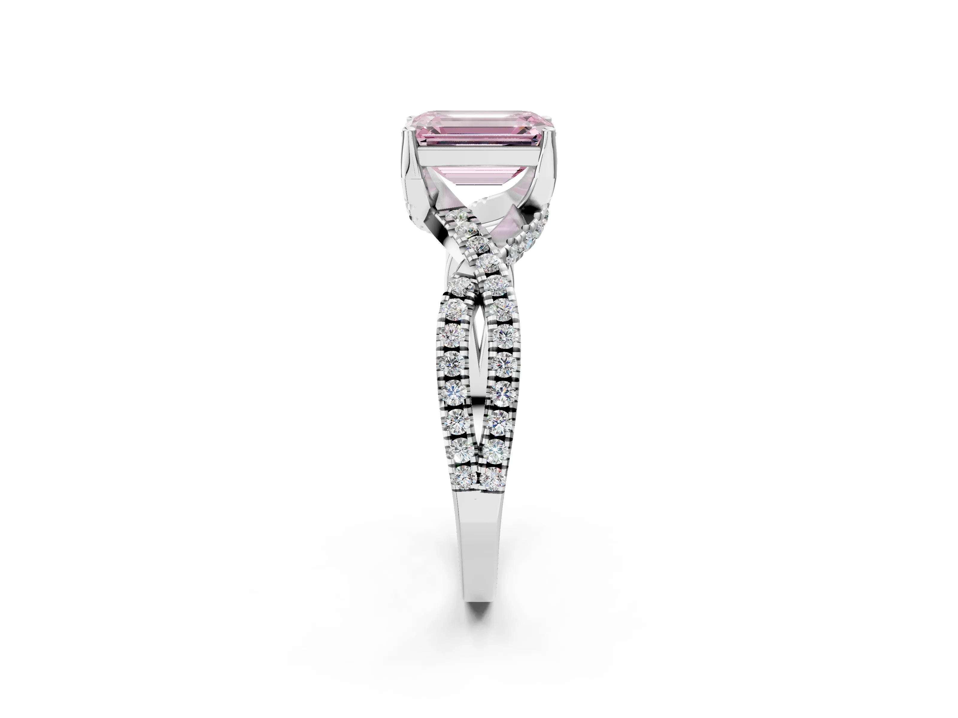 Silver Fancy Pink Emerald Cut Solitaire Twist Pave Diamond Engagement Ring with Prong Setting_44