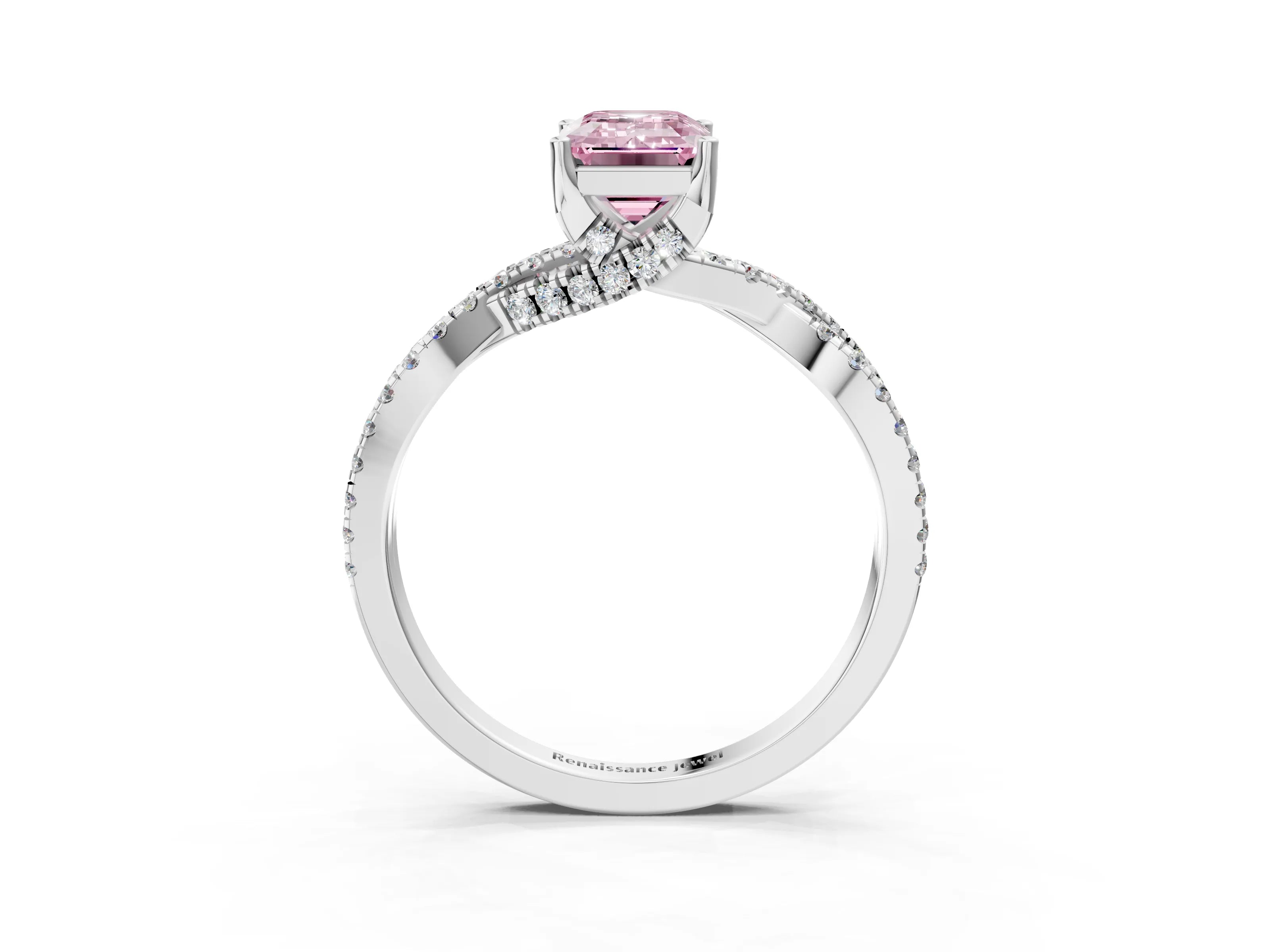 Silver Fancy Pink Emerald Cut Solitaire Twist Pave Diamond Engagement Ring with Prong Setting_45