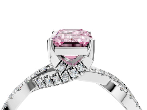 Silver Fancy Pink Emerald Cut Solitaire Twist Pave Diamond Engagement Ring with Prong Setting_46