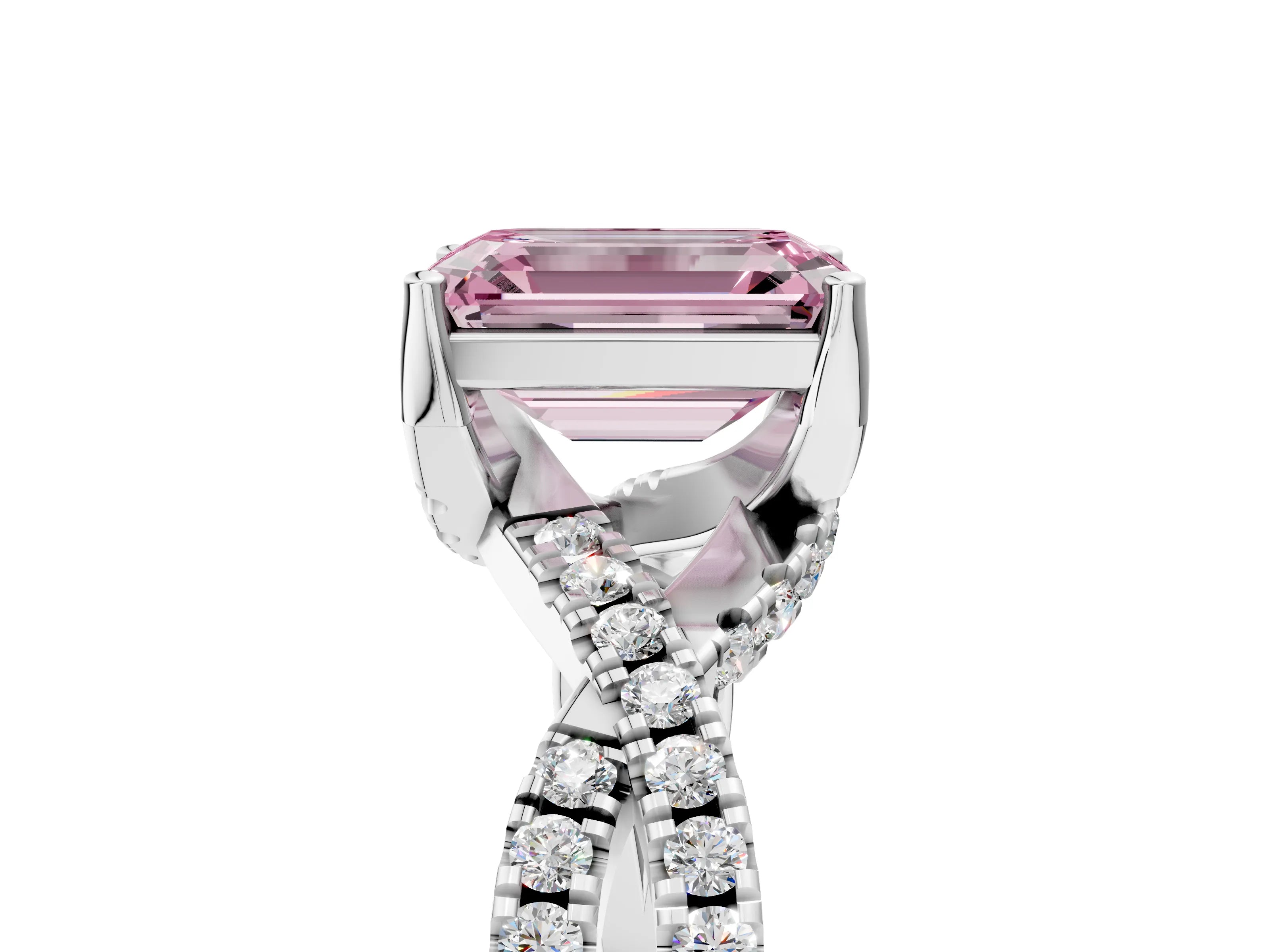 Silver Fancy Pink Emerald Cut Solitaire Twist Pave Diamond Engagement Ring with Prong Setting_47