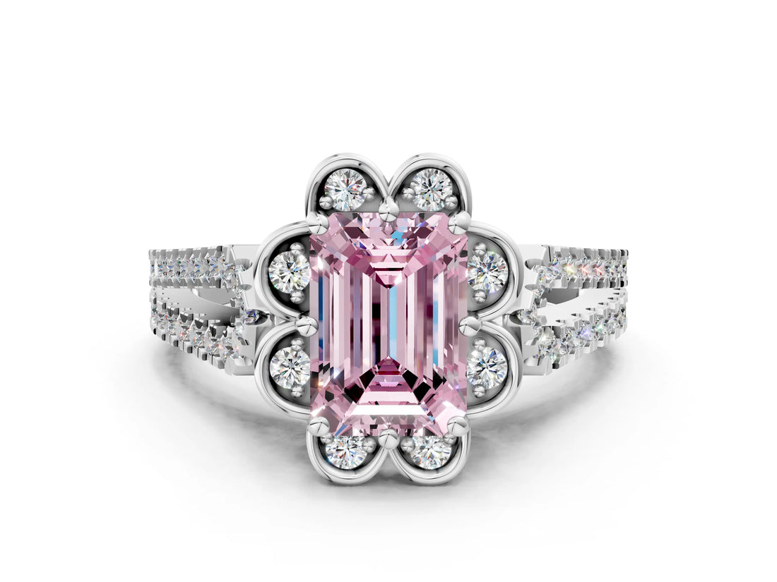Silver Fancy Pink Emerald  Halo Diamond Floral Split Shank Engagement Ring