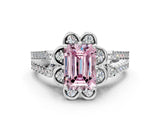 Silver Fancy Pink Emerald  Halo Diamond Floral Split Shank Engagement Ring
