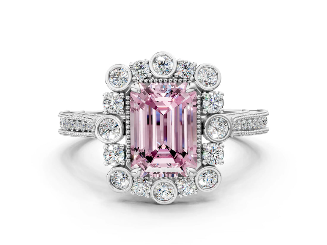 Silver Fancy Pink Emerald  Halo Milgrain Pave Diamond Ring with Four-Prong Setting