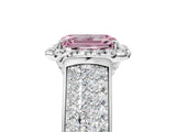 Silver Fancy Pink Emerald  Halo Round Diamond Pave Band with Prong Setting